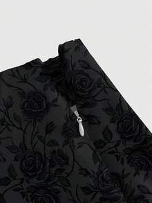 ROMWE Fairycore Falda de mujer con abertura alta estilo Mori floral con rosas - Negro - Ver 3