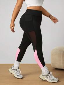 SHEIN Women's Plus Size Colorblock Fitted Pocket Sports Leggings - Multicolor - View 4