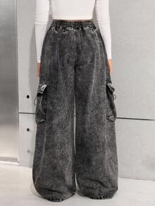 SHEIN Quần ống rộng ống rộng cạp rút dây thời trang cổ điển Y2K cho bé gái tuổi teen Quần jeans ống rộng cho mùa đông - màu đen - Xem 2
