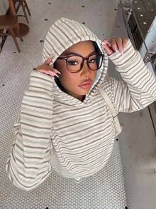 Muchica Printed Hooded Sweatshirt, Suitable For Autumn/Winter, Casual, Minimalist, Vintage, Elegant, Commuting, Versatile, Warm, Gentle, Striped Print Pattern, Beach, Vacation, Summer - Multicolor - View 3