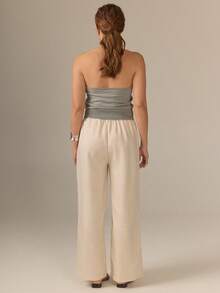KÆRIA Hus Pull On Gathered Trouser - Textured Linen Tencel - Oatmeal - Comfort, Elastic Waist, Casual, Work, Office, Summer, Modern - Beige - View 2