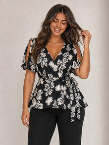 ELLERISSA Große Größen Mehrfarbiges Blumen V-Ausschnitt Volant Wickel Peplum Top - Verschiedenfarbig - Übersicht 6