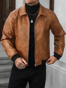 Manfinity CasualCool 男士復古焦糖棕翻領夾克，老錢風靜奢風，高品質質感，百搭 - 棕色 - 查看 6