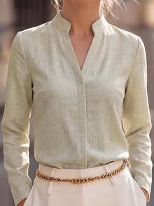 Editum Women's Solid Color Notch V-Neck Casual Elegant Everyday Blouse Teachers' Day Office Sage Green Autumn - Apricot - View 3