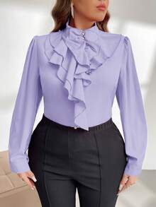 Firerie Plus Size Asymmetrical Ruffle Hem Elegant Office Shirt Spring Fall - Mauve Purple - View 2