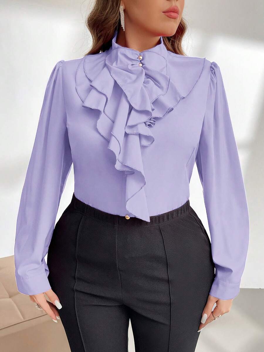 Firerie Plus Size Asymmetrical Ruffle Hem Elegant Office Shirt Spring Fall
