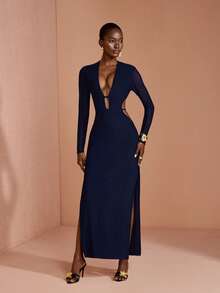 JIAN LASALA Mesh Deep V Side Cutouts Long Sleeve Women Boho Maxi Dress Vacation Holiday Wear - Blue - View 5