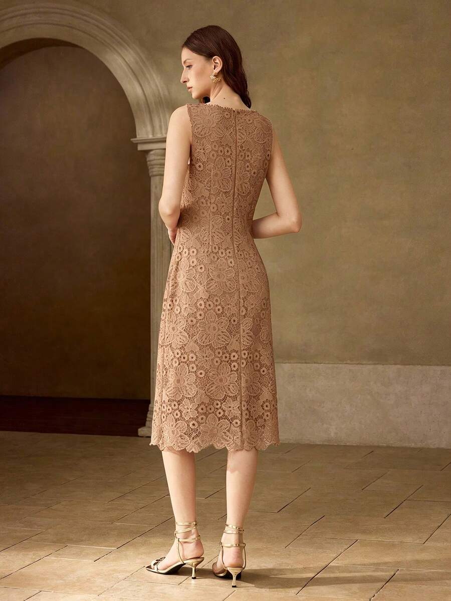 MOTF PREMIUM ELEGANT EMBROIDERED LACE MID-LENGTH DRESS FOR WOMEN - Khaki - View 2