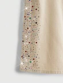 Sweetness Beige Rhinestone Embellished Bermuda Denim Shorts For Women Night Out Everyday Casual - Khaki - View 4
