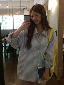 DAZY 女款條紋單排扣休閒日常穿著襯衫 - 藍色 - 查看 9