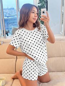 SHEIN 少女可愛黑白波點印花休閒日系簡約圓領短袖上衣短褲睡衣套裝，適合夏季 - 黑與白 - 查看 2