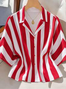 Wovencharm Wovencharm 100%Cotton Women's Colorblock Striped Batwing Sleeve Shirt - Red - View 2