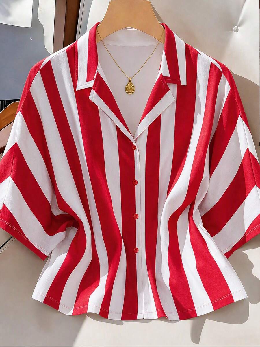 Wovencharm Wovencharm 100%Cotton Women's Colorblock Striped Batwing Sleeve Shirt