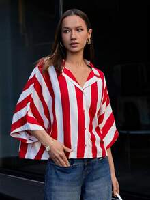 Wovencharm Wovencharm 100%Cotton Women's Colorblock Striped Batwing Sleeve Shirt - Red - View 3