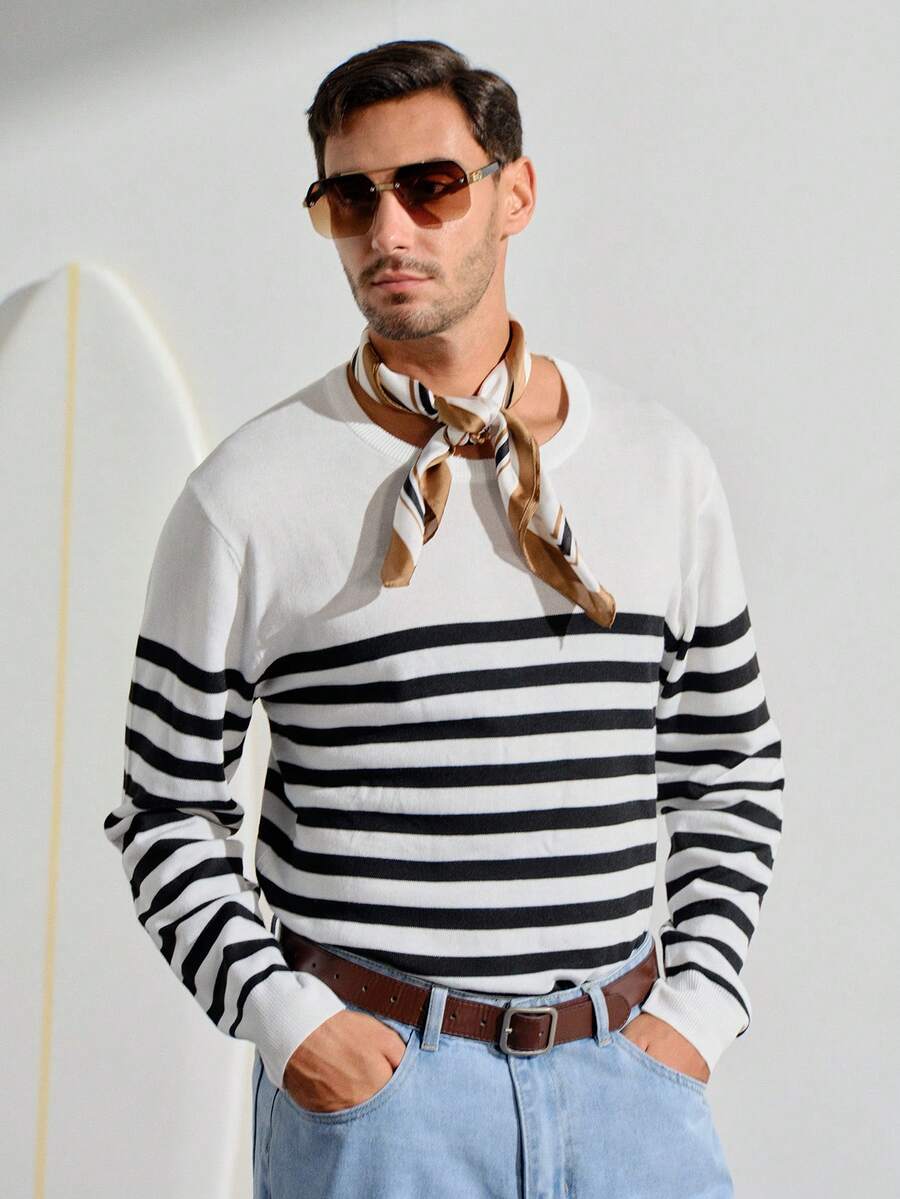 Men Striped Pattern Graphic Color Block Pullover Casual Long Sleeve Sweater, For Going Out, Friends, Fall Winter - Black and White - View 1