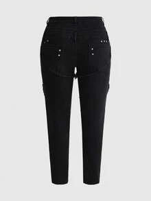 ROMWE Grunge Punk Plus Size Button Closure Casual Versatile Daily Wear Denim Jeans - Black - View 2