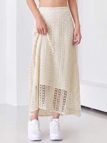 DAZY Elegant Commuter Solid Color Hollow Texture Skirt - White - View 1