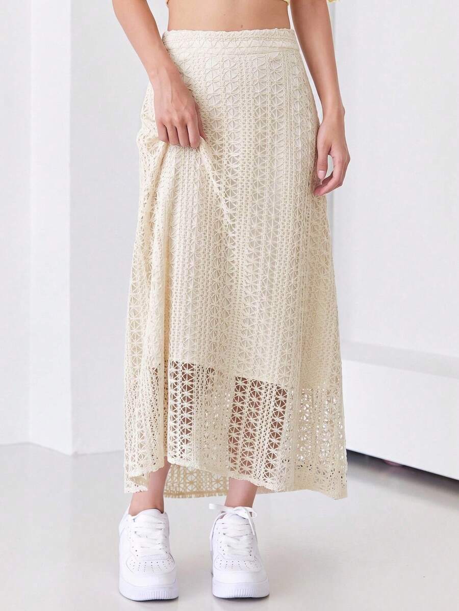 DAZY Elegant Commuter Solid Color Hollow Texture Skirt - White - View 1