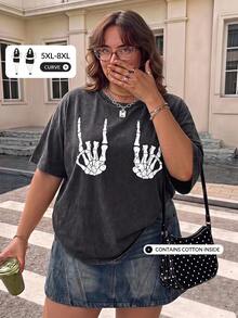 SHEIN CURVE+ 大码女装秋冬夏季开学季校园街头西式复古针织Vintage宽松柔软针织面料骷髅手图案卡通图案短袖T恤 - 深灰色 - 查看 11