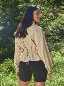 Levarali Jaket Olahraga Wanita Ukuran Besar Warna Polos dengan Tudung untuk Musim Gugur - Khaki - View 2