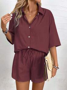 EMERY ROSE 2pcs/Set Women Loose Casual Solid Drop Shoulder Button Up Shirt And Shorts Set - Burgundy - View 4