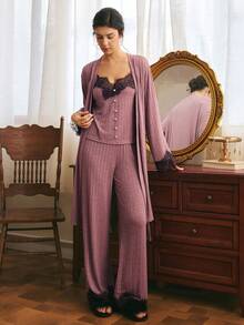 Côtesoire Women's French Minimalist Elegant Contrast Color Lace Patchwork Knit Comfortable Fabric Camisole Long Pants Robe Pajama Set 3pcs - Dusty Pink - View 4