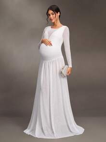 Cheriluna Maternity 孕婦亮白色印花網紗二合一洋裝 秋季婚禮拍照用 優雅孕婦禮服 - 白色 - 查看 5