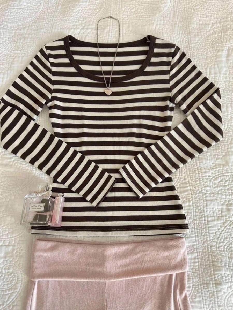 Tween Girls Knitted Brown & Apricot Striped Casual Long Sleeve T-Shirt - Brown - View 1