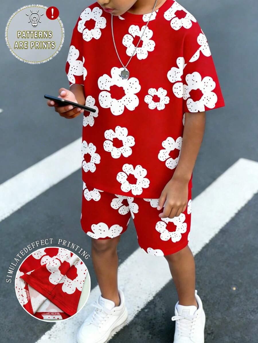 SHEIN Coolqubz 青少年男孩紅白配色夏季休閒街頭風城市度假花卉圖案印花T恤短褲套裝,時尚個性簡約短版套裝 - 彩色 - 查看 1
