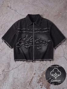 SWAVVY Chaqueta con cremallera, bordado de parche de marca y efecto lavado para hombre - Negro - Ver 10