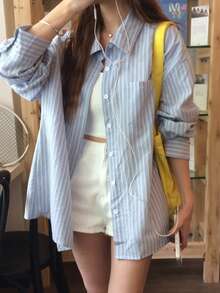 DAZY 女款條紋單排扣休閒日常穿著襯衫 - 藍色 - 查看 3