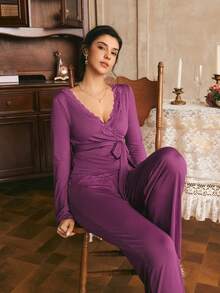 Côtesoire French Elegant Romantic Charm Lace Patchwork Asymmetric V-Neck Comfortable Knit Women's Pajama Set - Purple - View 6