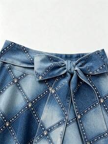 SHEIN Franclia 秋冬假期休閒 70年代度假日常穿著 牛仔效果印花腰結裙 早午餐度假淺藍色 - 中等水洗藍 - 查看 3