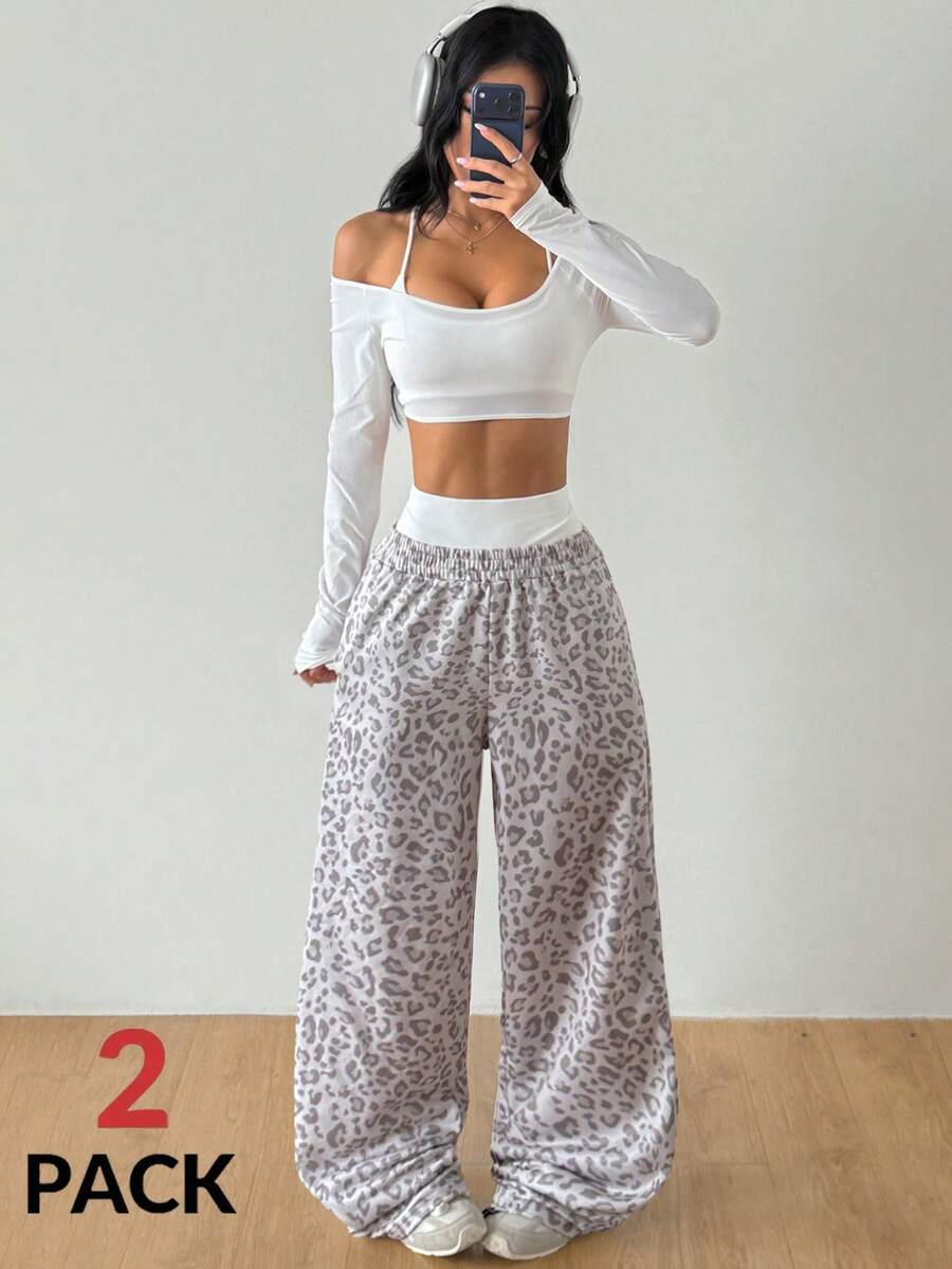 Coolane Women's Sportswear Set Off The Shoulder Tees & Leopard Stretchy Pink Wide Leg Sweatpants - White - View 1