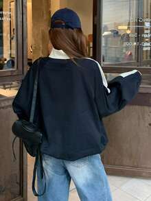 DAZY Women's Letter Print Patchwork Colorblock Loose Zipper Long Sleeve Casual Vacation Streetwear Spring Autumn Jacket - Blue - View 8