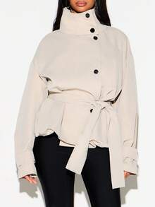 KIZN Oversized Belted Trench Jacket With Stand Collar Button Front Closure And Wide Cuffs Perfect For Autumn Winter Layering - Khaki - View 6