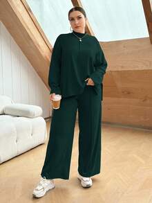 SHEIN Essnce Plus Size Casual Solid Color Side Slit Top And Pants 2 Pieces Set, Autumn Fall - Dark Green - View 6