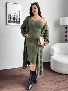 SHEIN Essnce Plus Size Women's Autumn Olive Green Two-Piece Set,Casual Everyday Smart Casual Long Sleeve Tight Dress And Long Cardigan Coats Set,Fall Clothes - Green - View 3