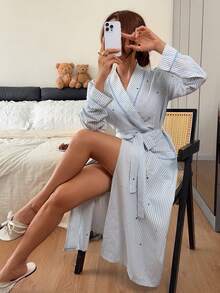 Napfluff Casual Striped Star All-Over Print Lapel Long Sleeve Pocket Design Women's Long Robe - Multicolor - View 1