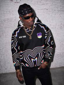 Manfinity EMRG Men's Black Autumn Streetwear Holiday Rainbow Ripple Punk Style Colorful Wave Print Pullover Sweatshirt,Visually Artistic All-Over Print Loose Fit - Black - View 1