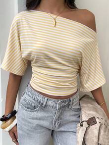 Aloruh Asymmetrical Shoulder Loose Top With Ruched Waist, Simple Basic T-Shirt - Light Yellow - View 4