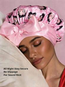 Betty Boop x SHEIN Upgraded Version Of Double-Layer Fabric, Hair Care Cap, Wide-Brimmed Elastic Satin Sleep Cap, Soft And Comfortable, Suitable For Daily Home Sleep Wear - Pink - View 5