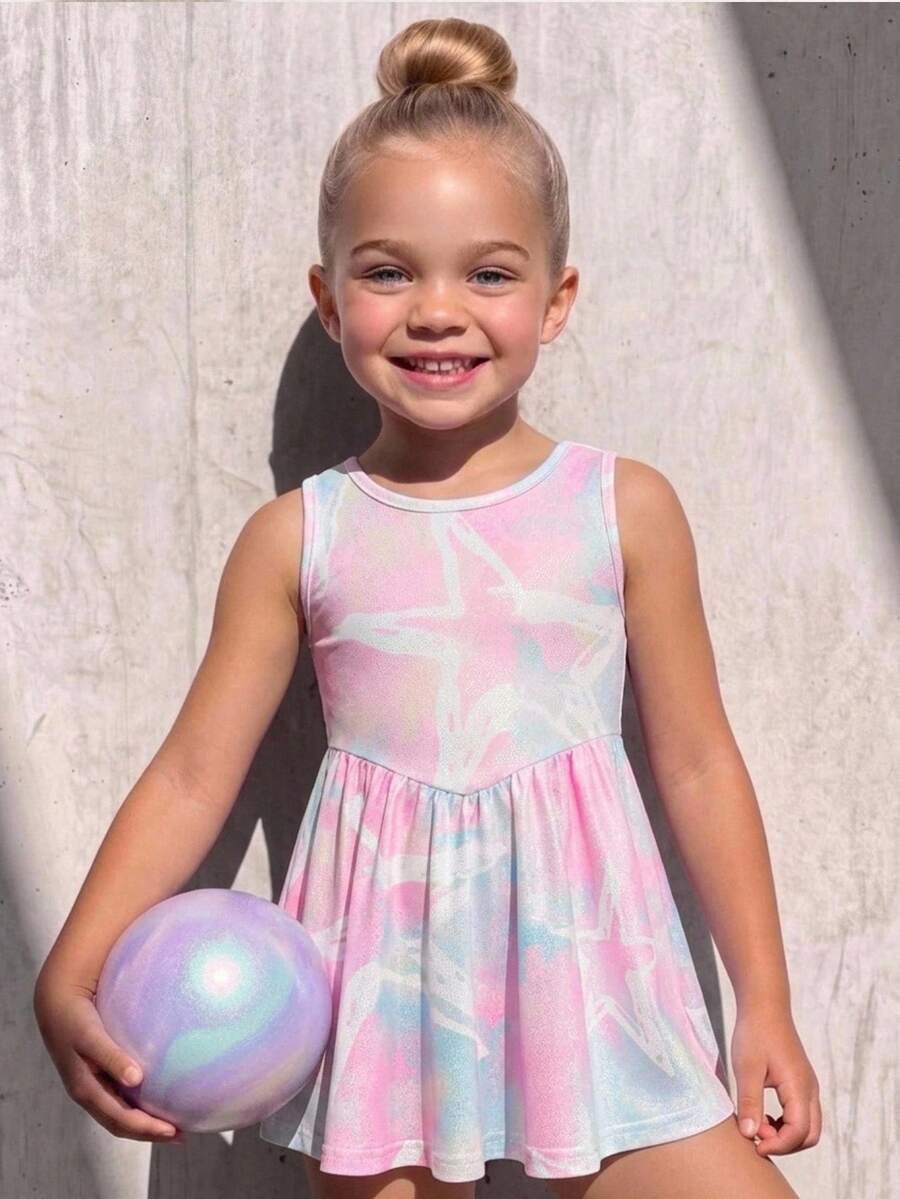 SHEIN Young Girl Star Pattern Baby Pink One-Piece Sports Princess Outfit, Fitted Design Prevents Exposure, Gymnastics And Dance Competitions, Summer - Pink - View 1