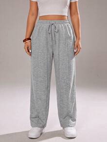 SHEIN Cottnline Plus Size Casual Drawstring Waist Loose Wide-Leg Sweatpants Graduation, Teacher For Women, Back To School - Light Grey - View 1