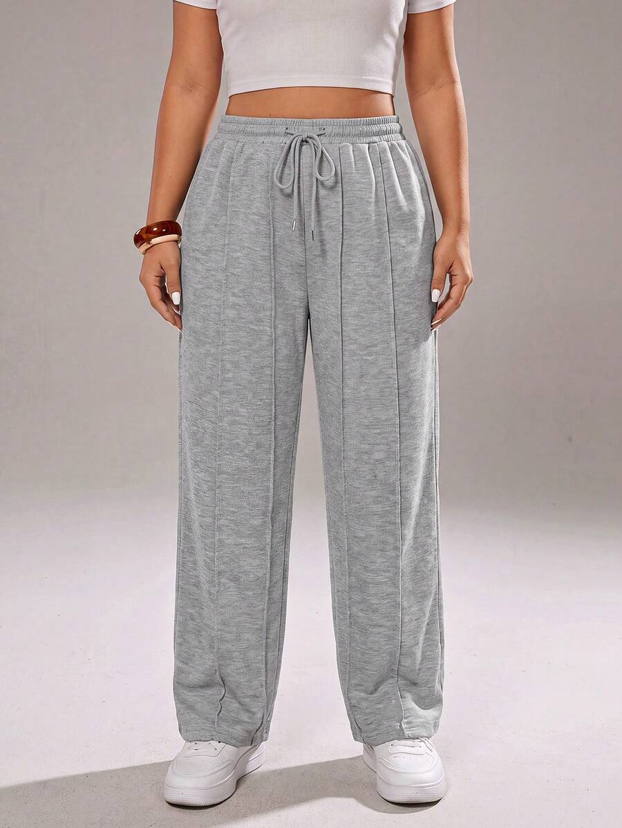 SHEIN Cottnline Plus Size Casual Drawstring Waist Loose Wide-Leg Sweatpants Graduation, Teacher For Women, Back To School - Light Grey - View 1