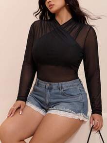 CovetEZ Summer/ New Sexy Country Solid Color Mesh Bodycon Plus Size Bodysuit Rave Cocktail Black - Black - View 3