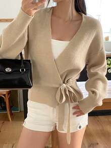 DAZY Solid Color Fitted Diagonal Tie Long Sleeve V-Neck Elegant Vacation Spring Autumn Casual Knit Cardigan For Women - Khaki - View 4