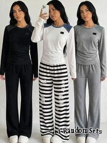 Teen Girls Casual 2-Piece Set, Side Ruched Waist Design, Cleverly Outlining Waistline, Randomly Sent One Set, Loose, Vacation, Warmth - Multicolor - View 1