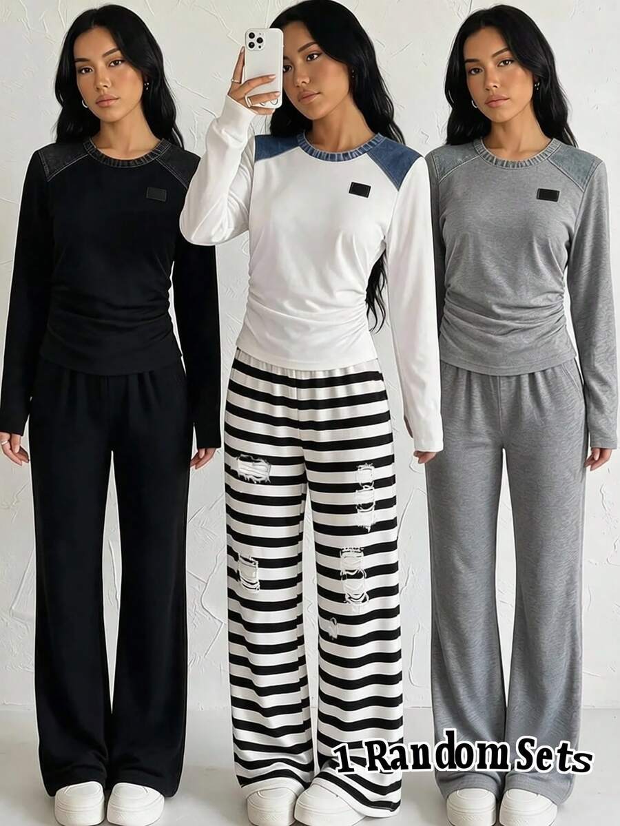 Teen Girls Casual 2-Piece Set, Side Ruched Waist Design, Cleverly Outlining Waistline, Randomly Sent One Set, Loose, Vacation, Warmth - Multicolor - View 1