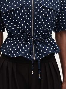Aveloria Modichic Fashionable Short-Sleeve Cargo Top, Featuring Two Symmetrical Pockets On The Chest, Cinched Waist For Adjustable Fit, Overall Clean And Sharp Design. - Navy Blue - View 3